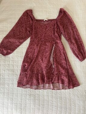 Peach Love California Mauve Pink Floral Square-Neck Long Sleeve Dress